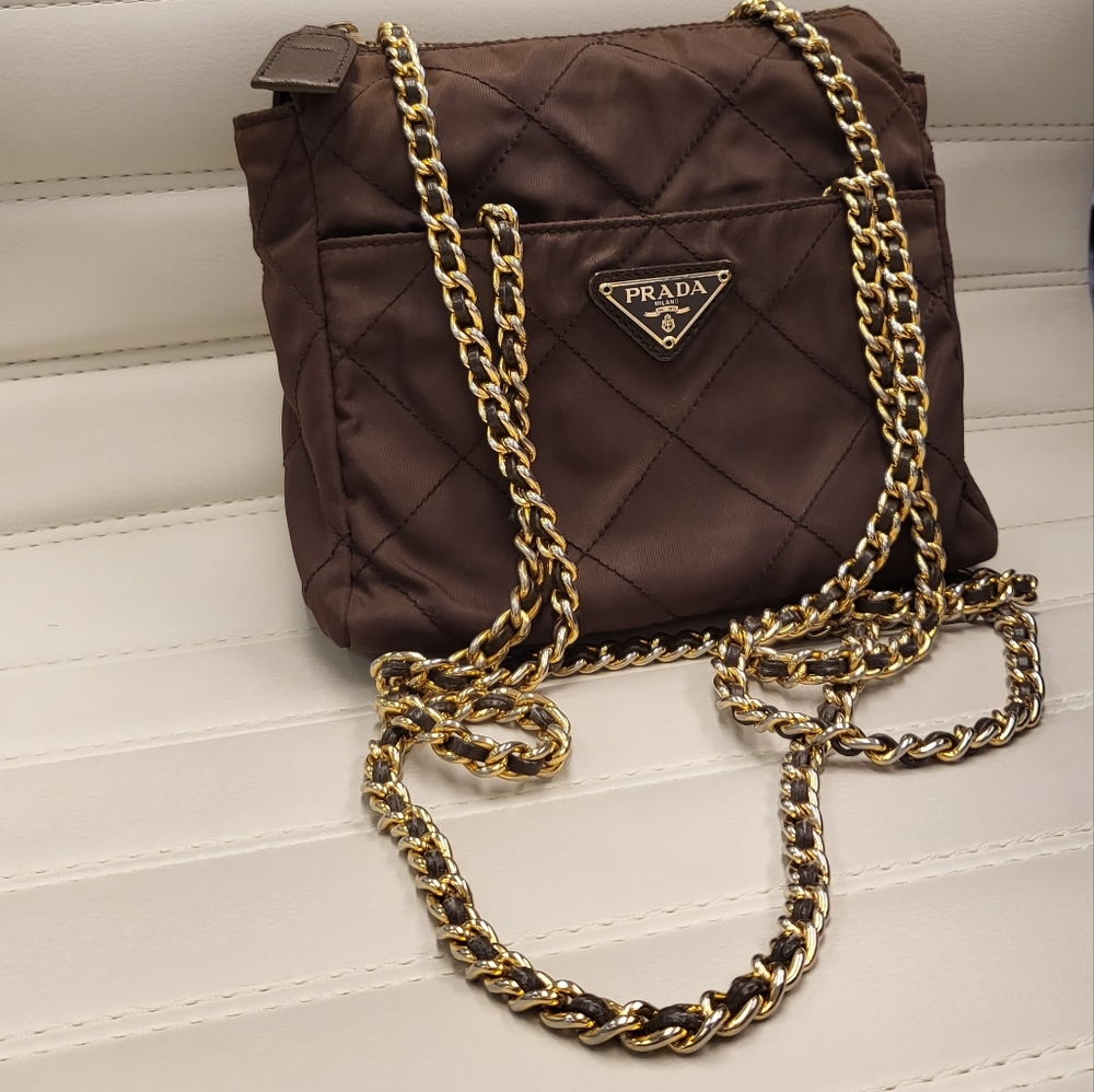 Authentic prada tessuto nylon purse bag with double chain